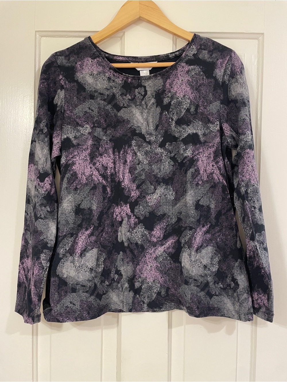 Christopher & Banks Black, Gray and Purple Abstract Long-Sleeve Top